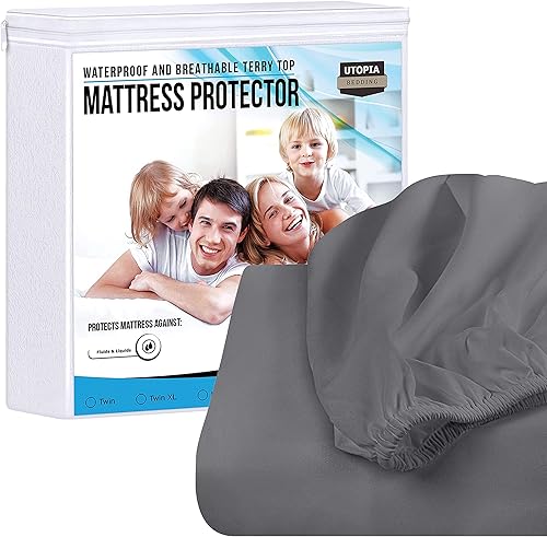 Utopia Bedding Protector de colchón de rizo impermeable de alta calidad, 200 GSM con 1 sábana bajera, color gris (King Cal, paquete de 2)