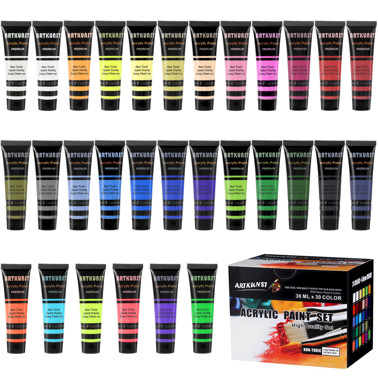 ARTKUNST Acrylic Paint Set, Paints 30 Colors x 36 ml, High Viscosity with Strong Coverage, Non-Toxic, for Canvas, Wood, Paper, Fabrics