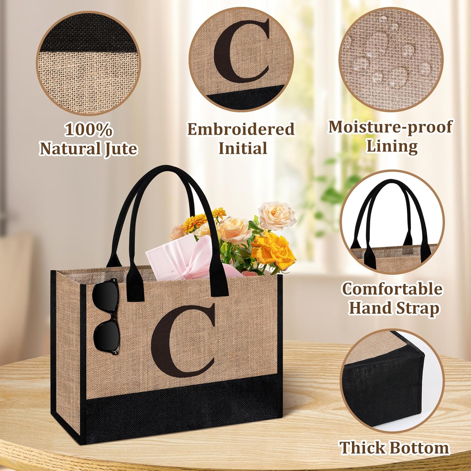 Initial Jute Tote Bag & Makeup Bag, Birthday Gifts for Women Her Mom Teachers Friends - Image 3