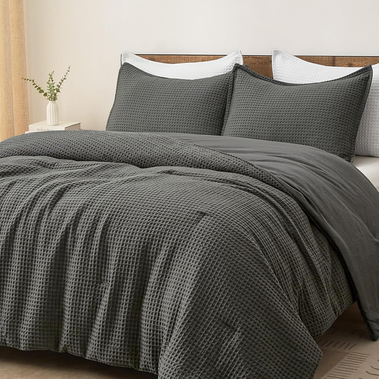 phf ultra soft waffle weave comforter set king size, 3 pieces lightweight breathable comfy bedding set, comfy textured 1 comforter with 2 pillow shams, grey