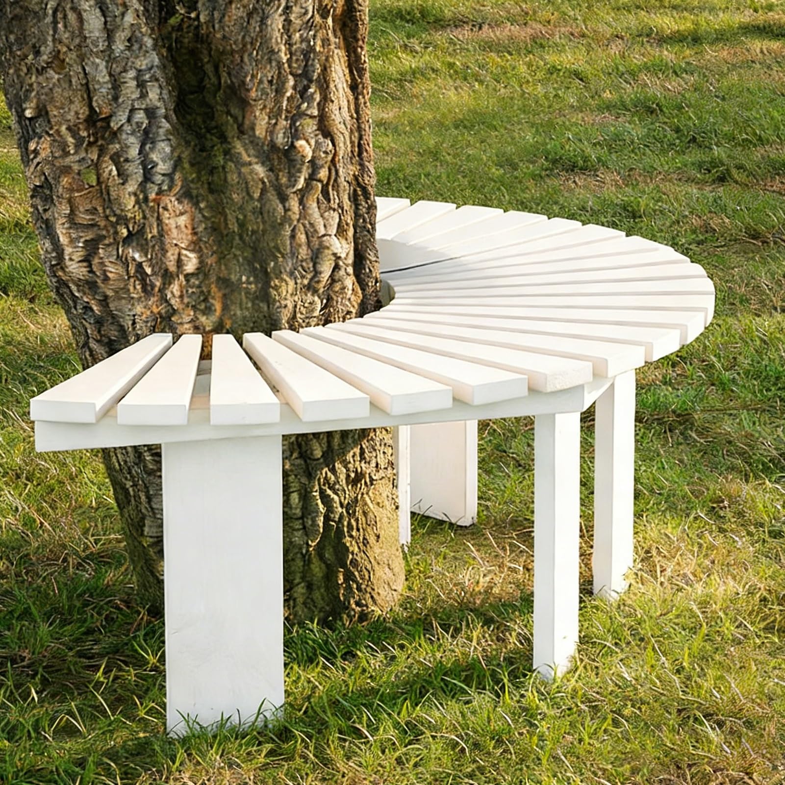 ksxnkhk Half Round Tree Bench, Wrap-Around Outdoor Slatted Seat, Weatherproof Wooden Surround Benches for Patio Natural Garden Park - Easy Assembly & Drainage(White,Round)