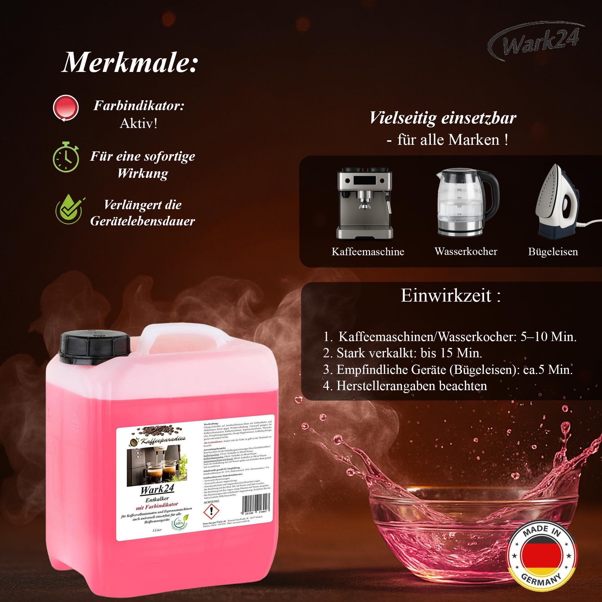 Flüssigentkalker 3x 5 L mit Farbindikator, Universal-Entkalker & schonender Kalklöser für Kaffeemaschinen, Wasserkocher & Haushaltsgeräte, biologisch abbaubar