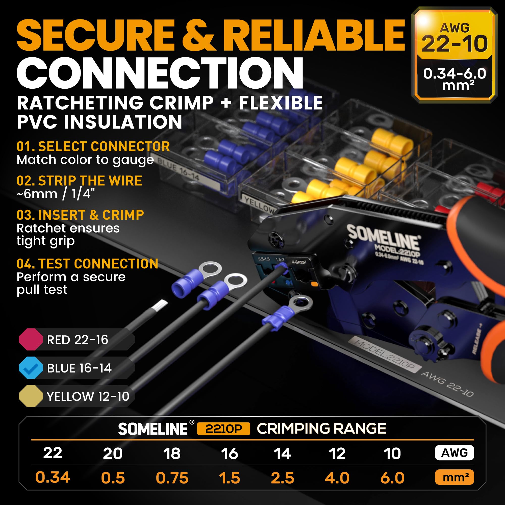 SOMELINE Kit de Crimpadora Terminales Eléctricos, 39 Tipos de Terminales Preaislados, 0,34–6mm² Crimpadora Autoajustable de Trinquete y Pelacables, para Electricista, Automoción y Bricolaje