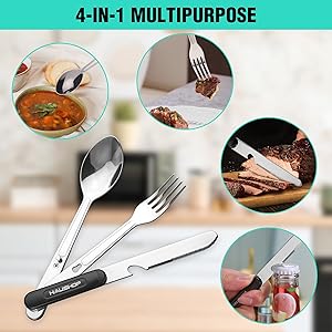 HAUSHOF 2-Pack 4-in-1 Camping Utensils, Stainless Steel Camping Eating Utensils with Carrying Bag, Detachable Spoon, Fork, Knife, Bottle Opener - Travel Utensil Set for Hiking, Picnic, Barbecue