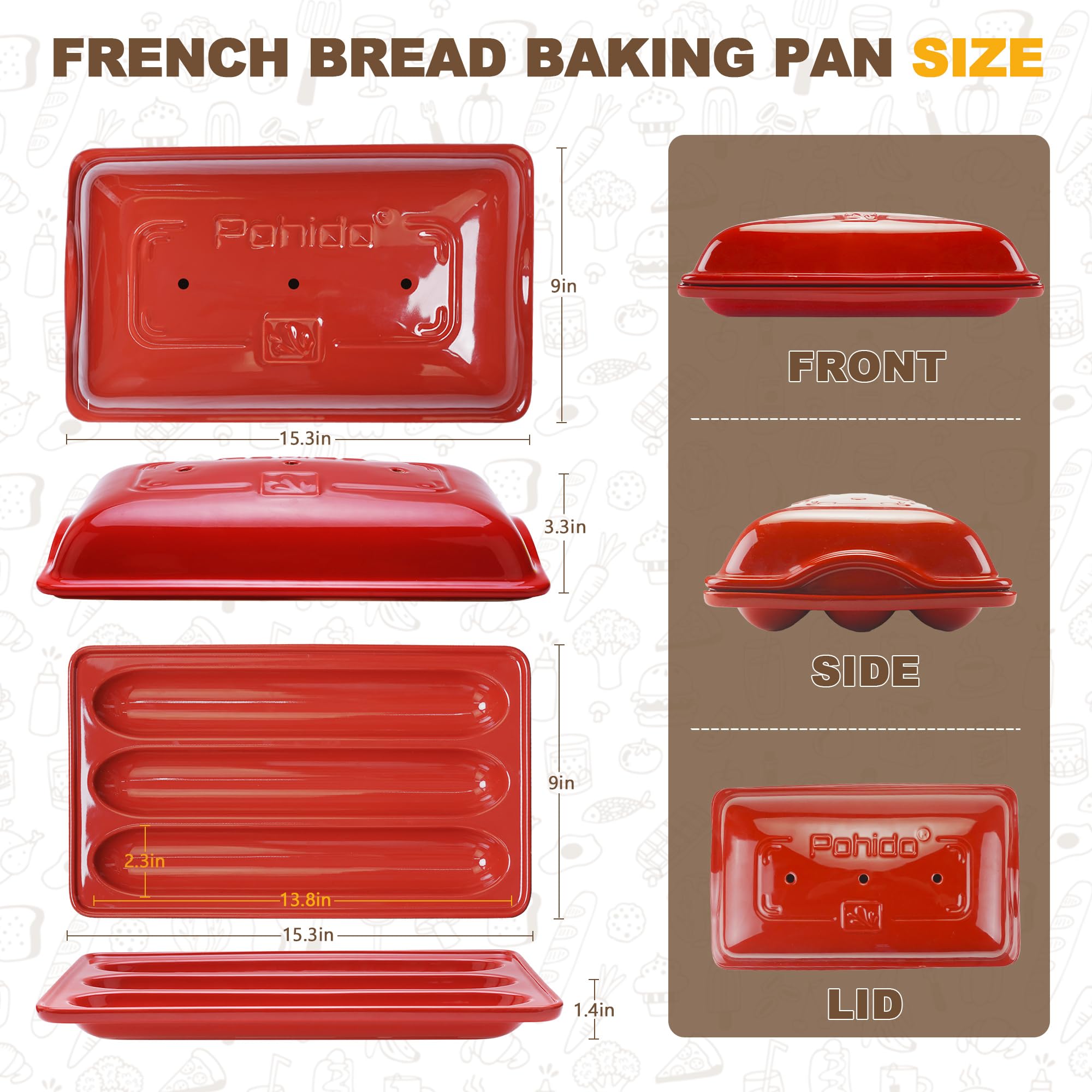 Baguette-Brotpfanne, Premium-Antihaft-Brotbackform, 3 Brote, Baguette-Pfanne mit Deckel, gleichmäßige Erwärmung für Sauerteig, italienisches Brot, perfekt für die Erzeugung knackiger, goldbrauner