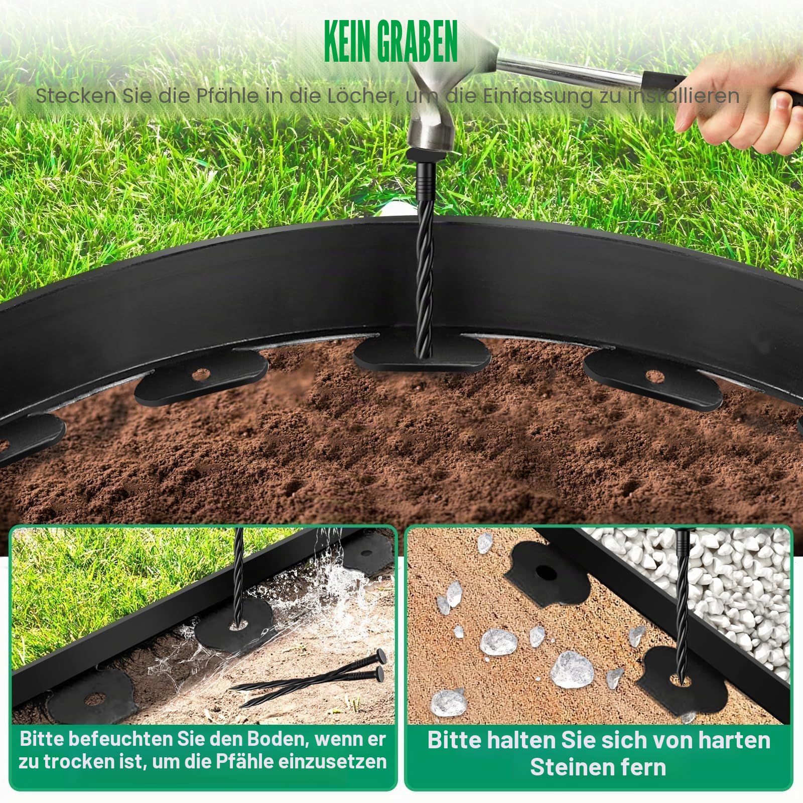 6 cm Höhe x 10 m Landschaftseinfassung mit 30 Verankerungsspießen, Gartenumrandungs-Set, Kunststoffeinfassung, Flexible Umrandung für Garten, Blumenbeete, Rasen, Hof, Pflasterstein(Schwarz, 10M)