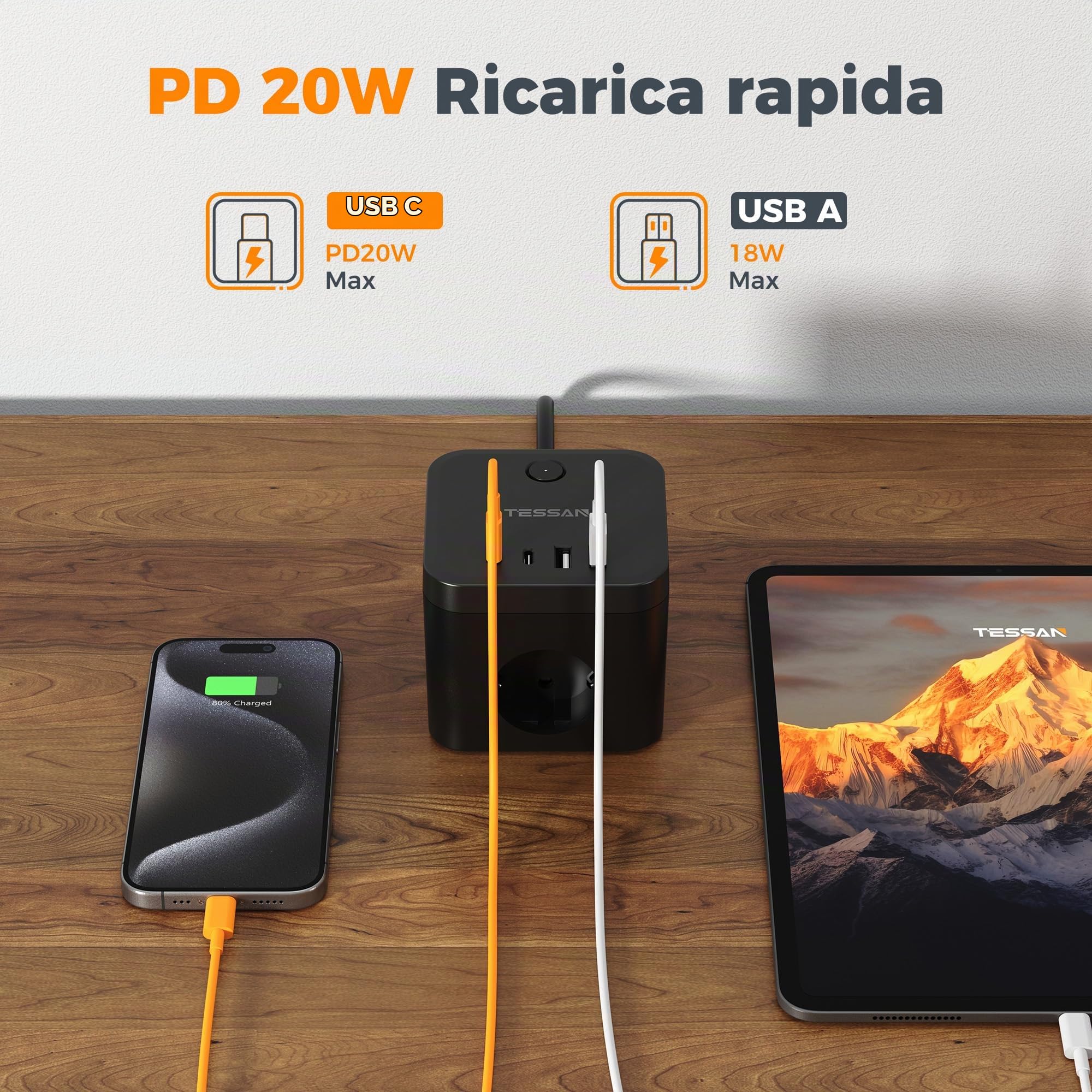 TESSAN Presa Multipla con Prolunga Elettrica 5 M, Ciabatta Multipresa con USB C PD 20W Ricarica Rapida, 3 AC Ciabatta Elettrica Cubo con 4 USB e Interruttore, Multipresa Salvaspazio, Nero, 3680W