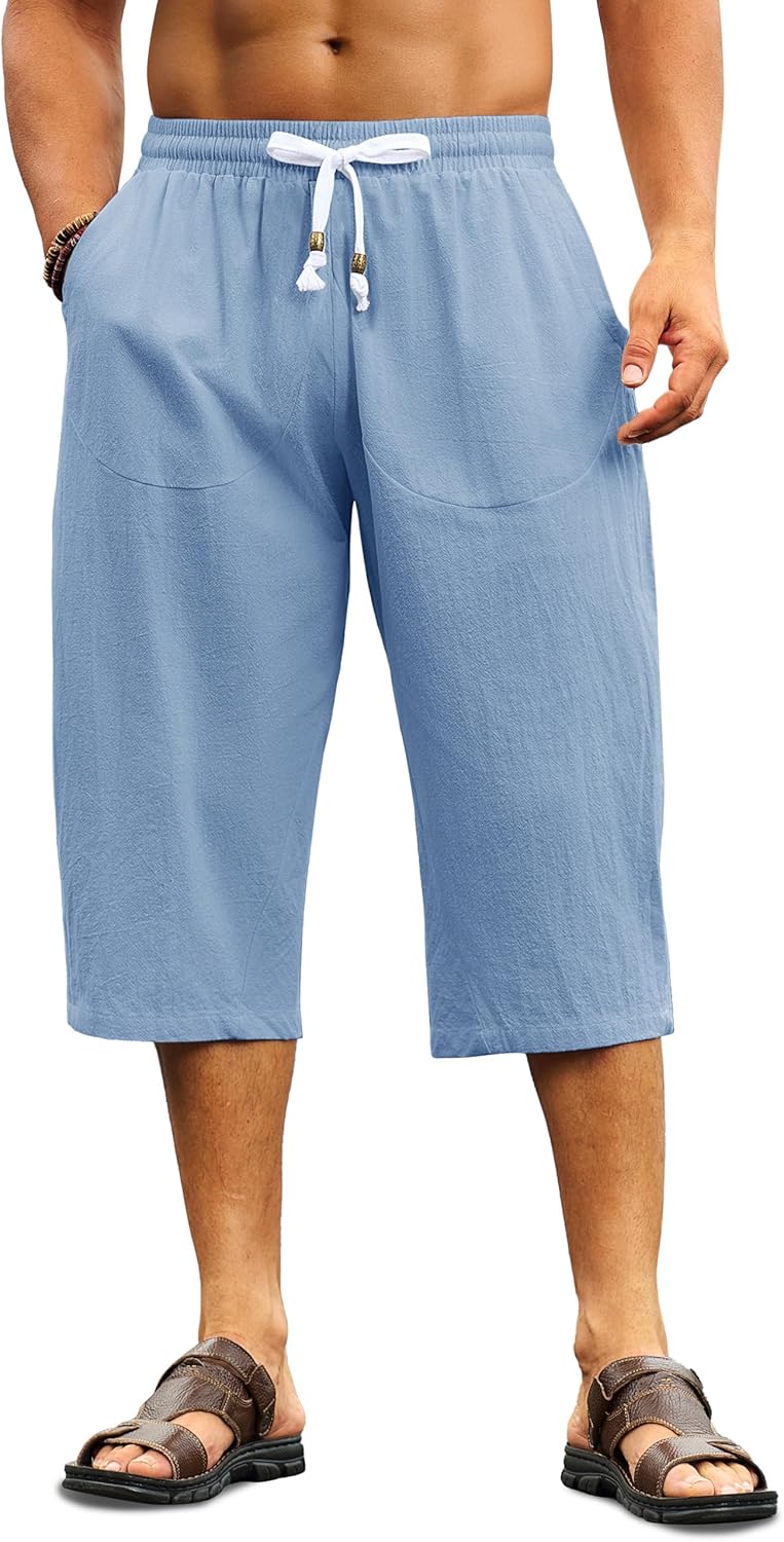 Cotrasen Men's Cotton Linen Capri Pants Loose Fit Elastic Waist Drawstring Baggy Harem Pants Casual Beach Yoga Trousers