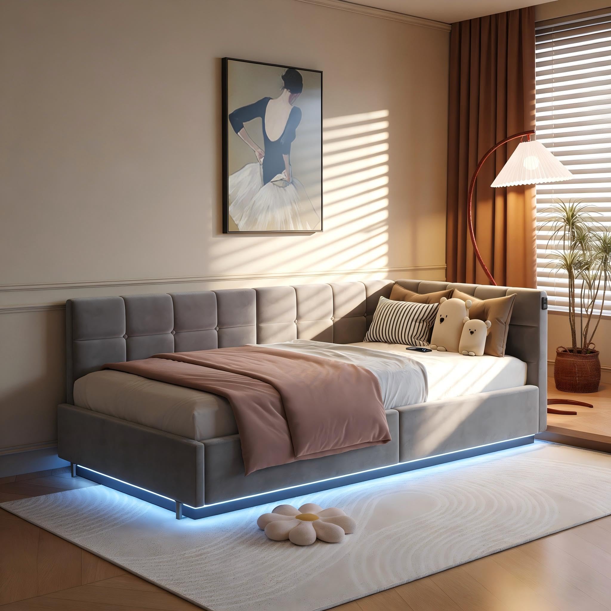 Łóżko tapicerowane 90 x 200 cm, łóżko pojedyncze ze schowkiem 90 x 200 z oświetleniem LED i USB, łóżka z hydrauliczną komorą, rama łóżka z stelażem listwowym, aksamit, szary (szary, 90 x 200 cm)