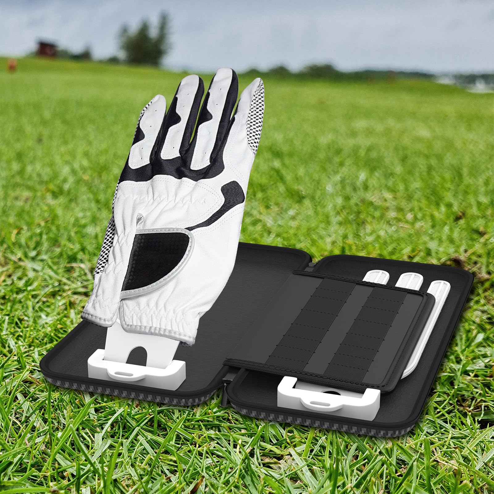 Custodia per guanti da golf con clip a moschettone, custodia per guanti da golf con 2 scomparti rigidi, divisori morbidi e fori per il flusso d'aria