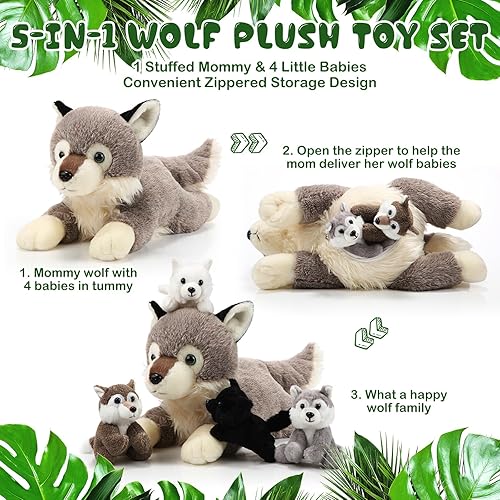 Miniatura 4 de Shappy Juego de 5 animales de peluche de la familia lobo de 16 pulgadas, juguetes de peluche con 4 bebés pequeños en ella, peluche de lobo con