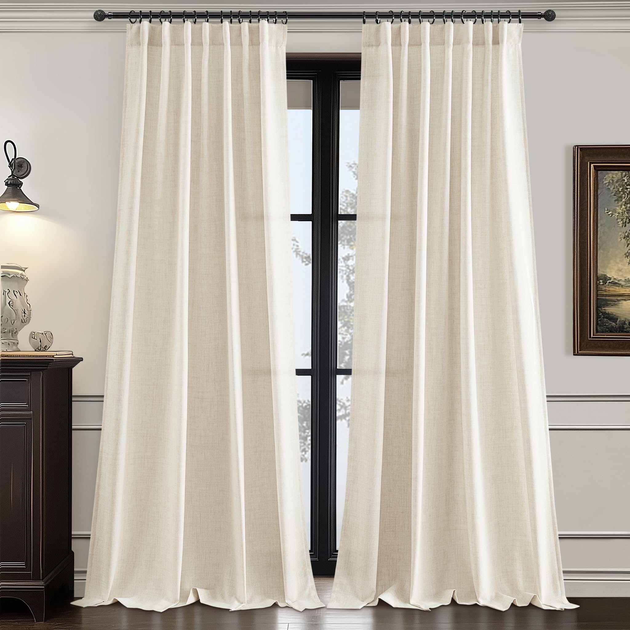 Living Room 102 Inch Long Curtains Thick Linen Blend Cream Pleated Drapes Back Tab & Rod Pocket, Semi Sheer Privacy Light Filtering Large Window