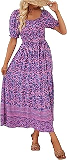 Women's 2025 Summer Boho Floral Print Square Neck Ruffle Swing Beach Long Maxi Dress - Buy now