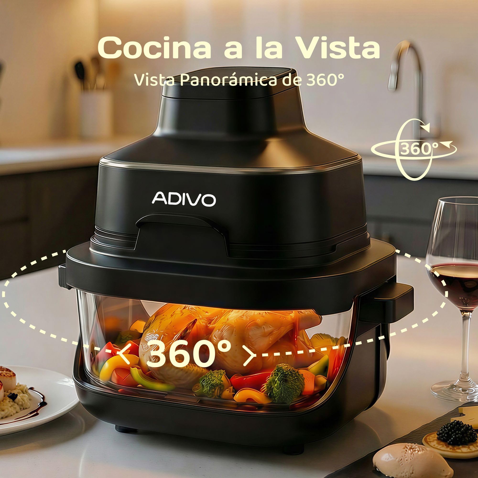 ADIVO Freidora de Aire Vidrio 4L/1.5L,1500W,Tazón de Vidrio Visual,Doble Capacidad,4 Modos, Sin Aceite ni Recubrimiento,Apta para Lavavajillas,Portátil para Camping/Oficina,Cocina Sana y Rápida