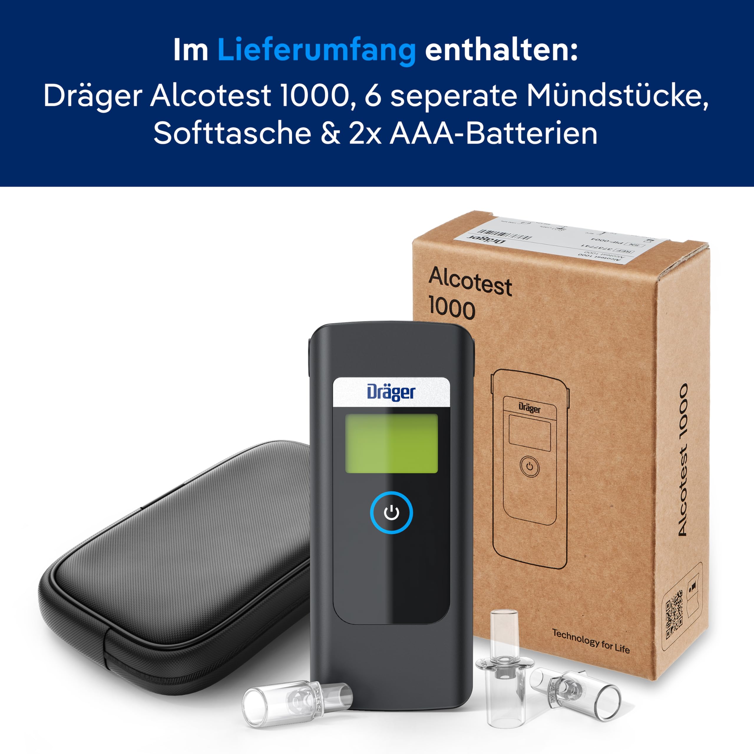 Dräger Alcotest 1000 Alkoholtester, Präzision, 6 Mundstücke, Aufbewahrungstasche, staub- und tropfwassergeschützt