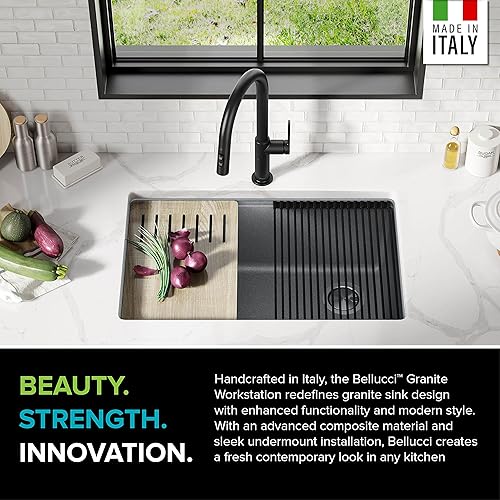 Miniatura 32 de Kraus KGF1-30BLACK Bellucci - Fregadero de cocina con tabla de cortar, CeramTek, 30 pulgadas, compuesto de granito y cuarzo, un sólo seno Negro