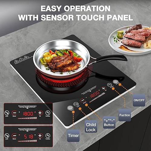 Miniatura 6 de VBGK Cocina eléctrica de un solo quemador, estufa eléctrica de 110 V 1800 W con control táctil LED, quemador eléctrico único 9 niveles de potencia,