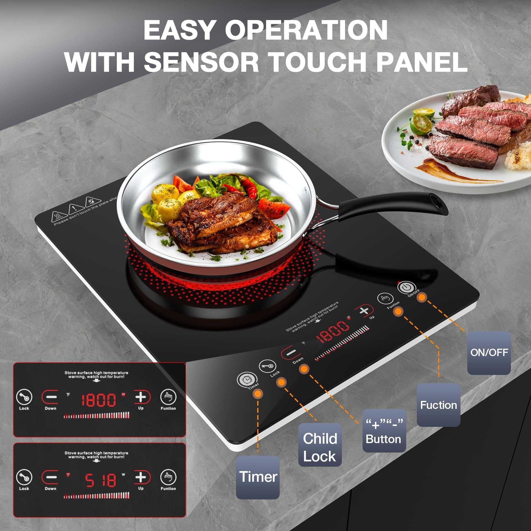 Cocina eléctrica de un solo quemador, estufa eléctrica de 110 V 1800 W con control táctil LED, quemador eléctrico único 9 niveles de potencia, 4 hTimer, bloqueo de seguridad, protección contra 6