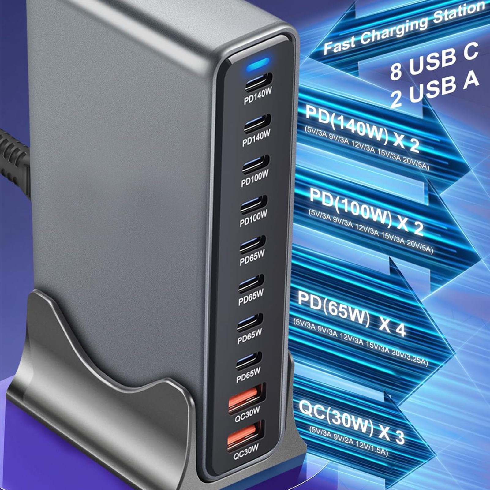Sxhlseller Estación de Carga PD USB C de 880W, Cargador GAN de 10 Puertos para Uso Familiar en Viajes de Oficina, Carga Rápida PD de 880W con Múltiples Dispositivos (Enchufe de la UE)
