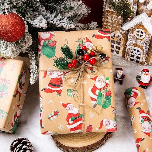 Miniatura 126 de Yarcony Papel kraft de regalo de Navidad, papel de regalo negro, árboles de Navidad de lujo, renos, copos de nieve, papel de estraza resistente