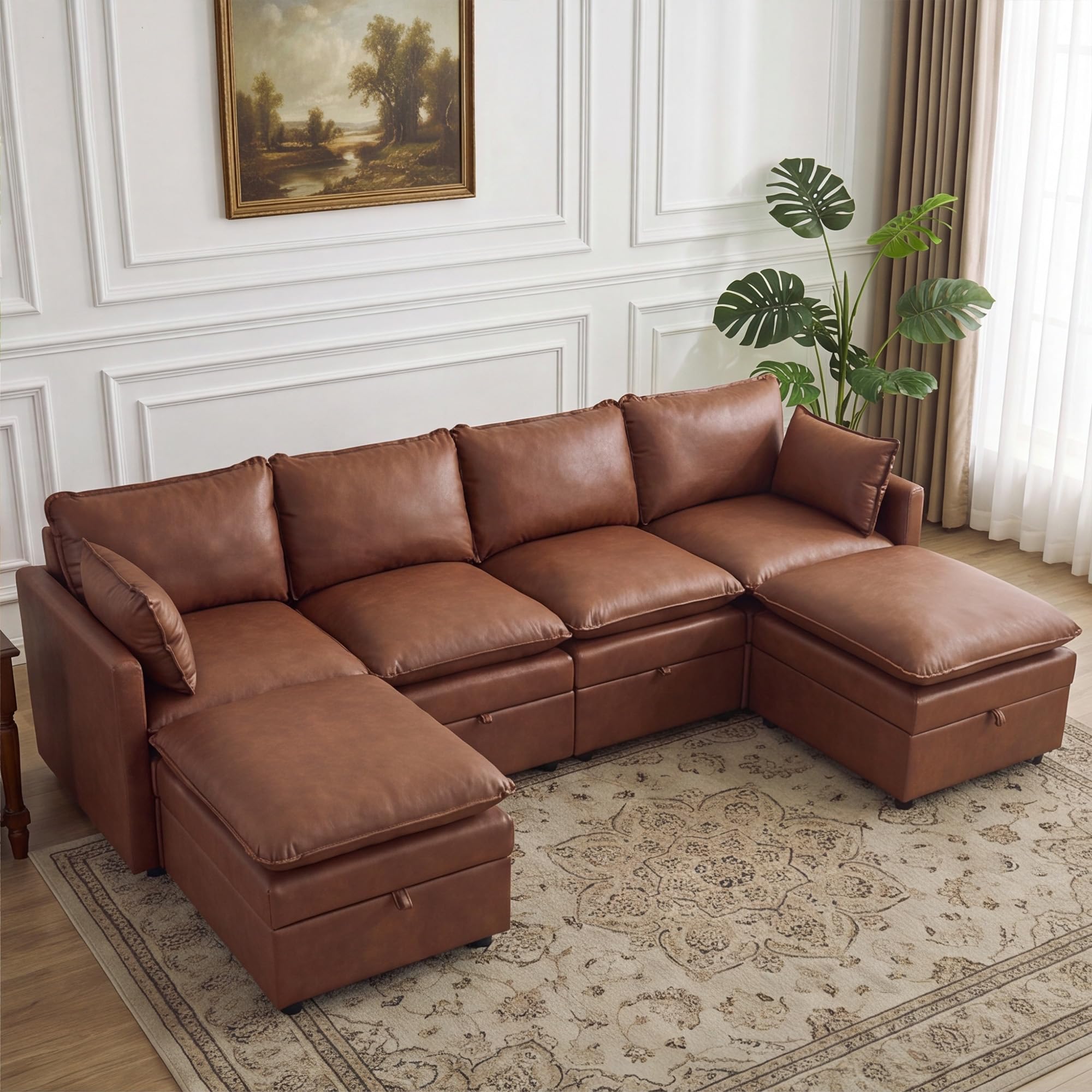 Photo 1 of 105" Brown Faux Leather Storage 4 Seater Sofa with 2 Ottomans, Comfy Couch