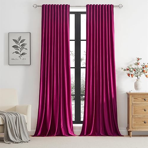 Miniatura 3 de Cortinas 100% opacas de terciopelo rosa intenso de 63 pulgadas de largo para sala de estar, juego de 2 cortinas con forro para barra y pestaña