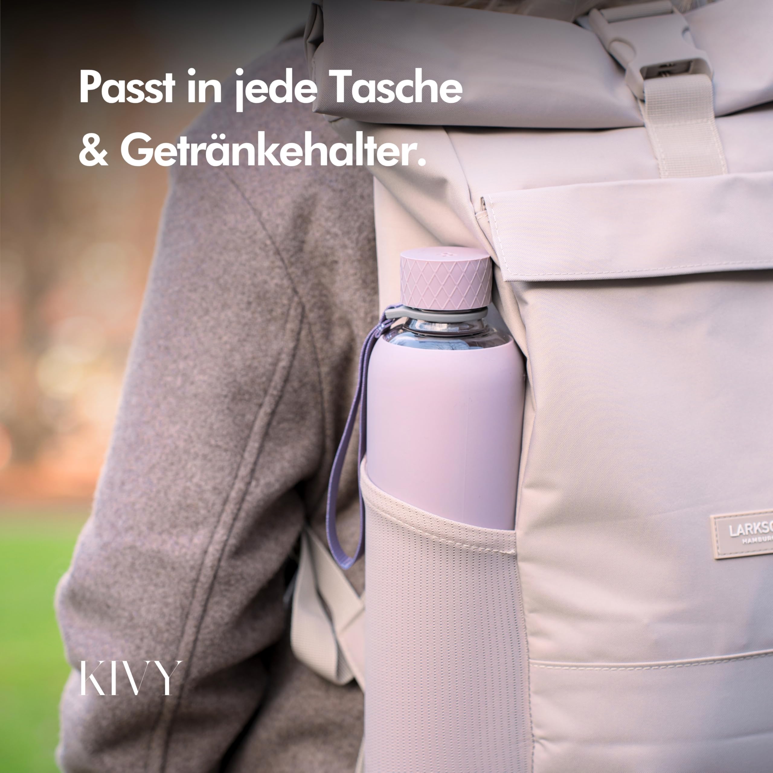 KIVY Glas Trinkflasche 1l mit Silikonschutz [KOHLENSÄURE GEEIGNET] Glasflasche 1 Liter - Wasserflasche 1l mit Messskala - Schlanke Glas Wasserflasche Ästhetisch - Auslaufsicher & Spülmaschinenfest