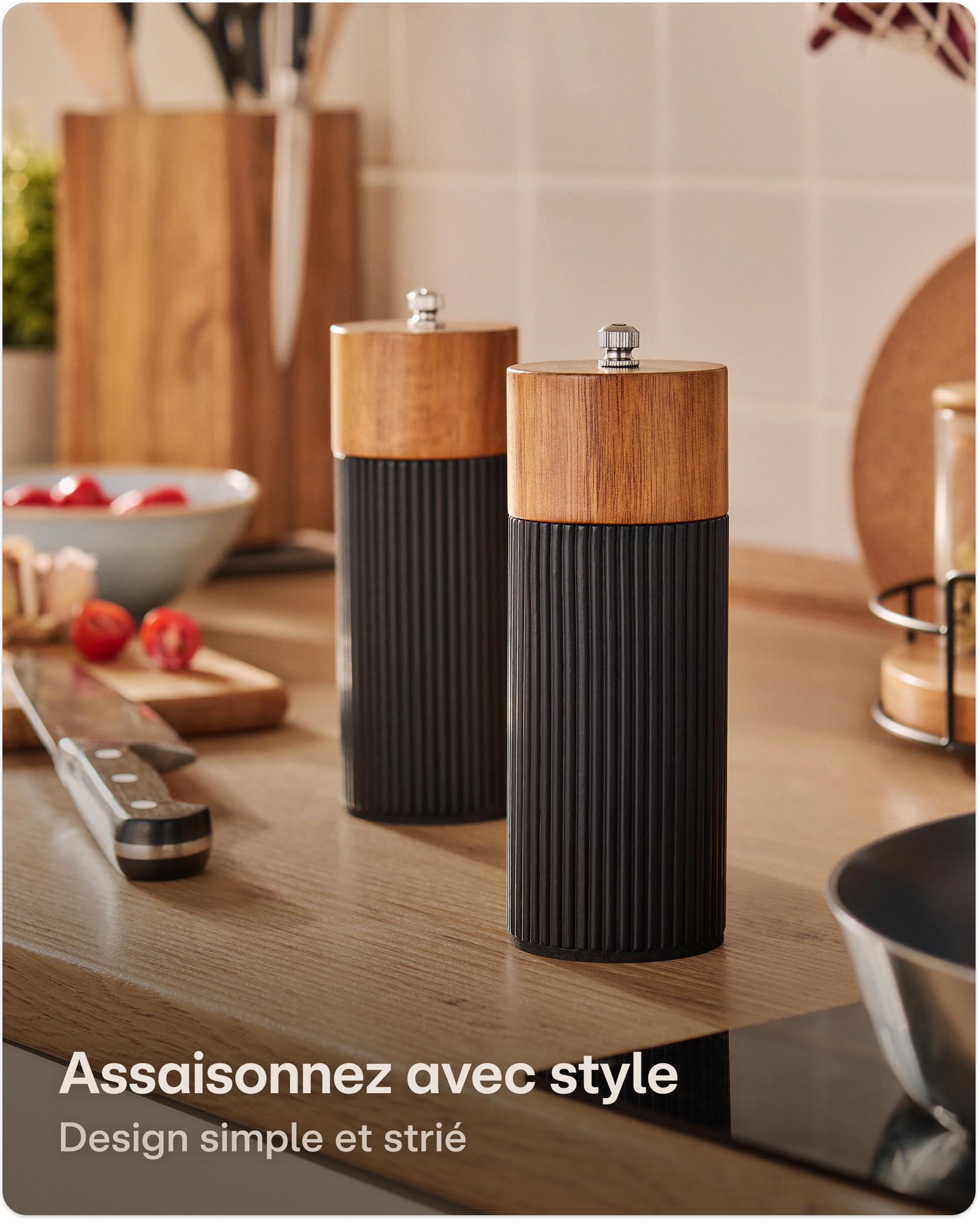 Moulin à Poivre et Sel Manuel en Bois d'Acacia FSC® avec Mécanisme Céramique Réglable Noir Petit