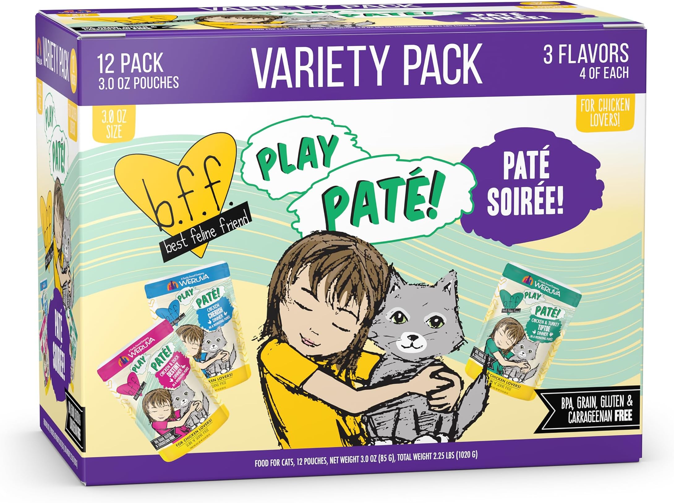 - B.F.F. Play - Best Feline Friend Paté Lovers, Aw Yeah!, Paté Soiree! Variety Pack, 3oz Pouch (Pack of 12)