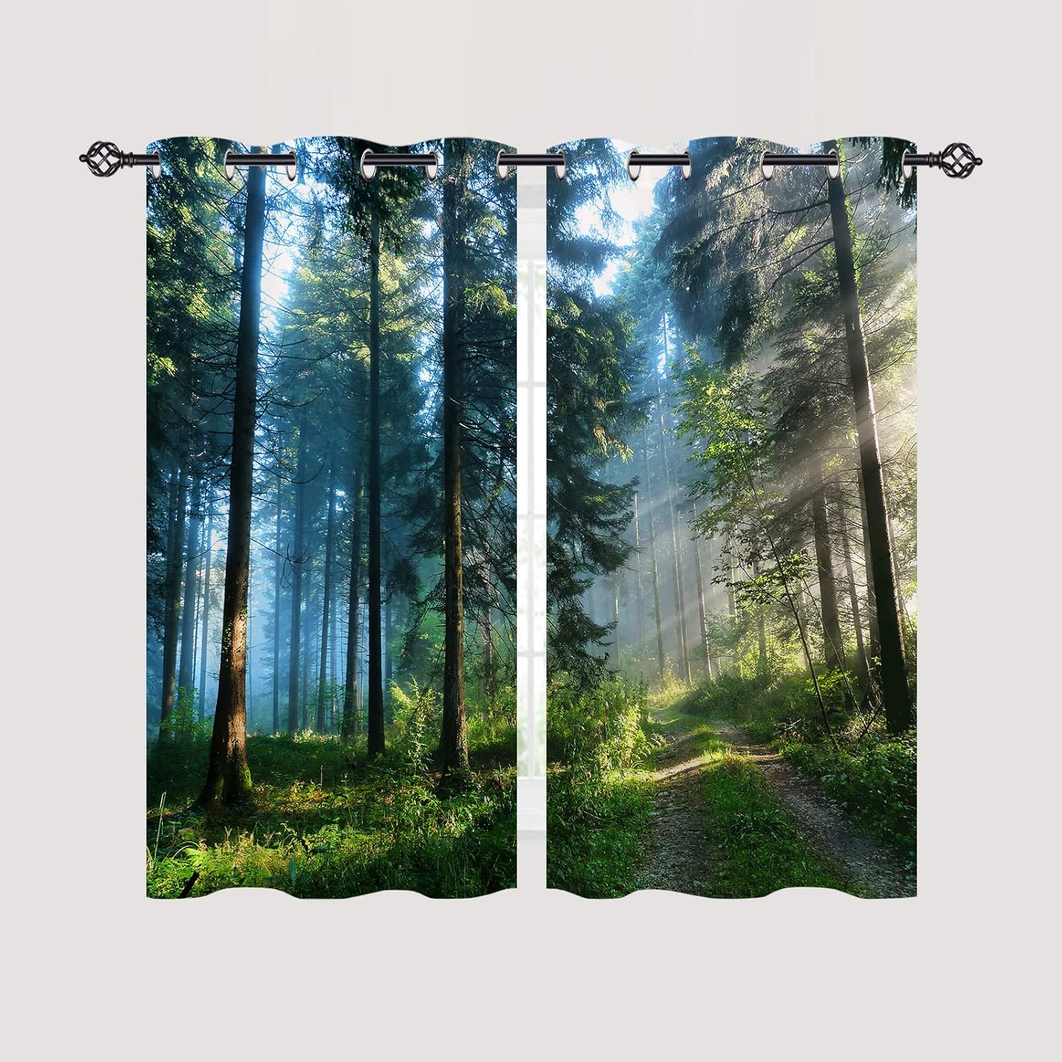 ANHOPE Forest Curtains Grommet Blackout Room Darkening Curtains Nature Misty Forest Sunshine Tree Path Scene Print Pattern Thermal Insulated Window Drapes for Bedroom Living Room 2 Panels 42 x 63 Inch