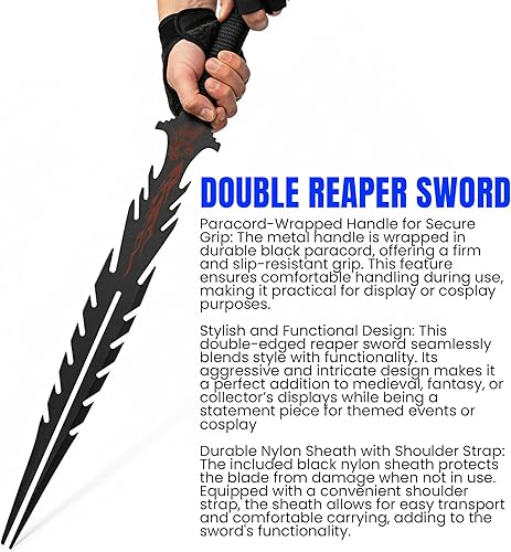 Miniatura 3 de Szco Supplies - Espada de doble segadora de 26 pulgadas, hoja de acero inoxidable negro con diseño de dragón de fuego rojo, mango de paracaídas y