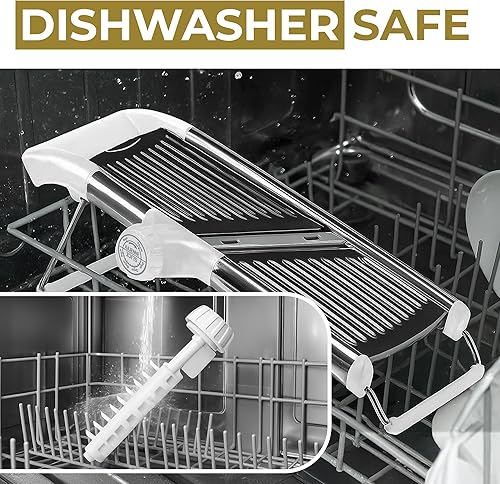 Vista 11 de Gramercy Kitchen Co Mandolina regulable de acero inoxidable. Rebanador de alimentos. Incluye un para de guantes resistentes a los cortes. Rebanador