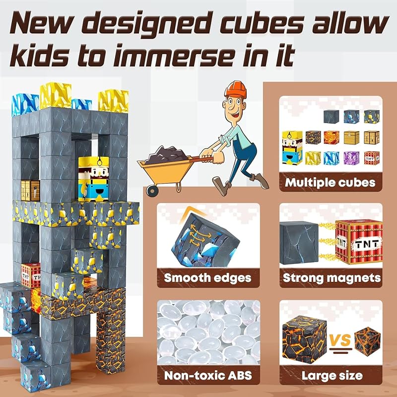 Toylogy Mágneses Építőkockák - 72 db-os Bányavilág Kard Készlet, Kreatív STEM Játék 3+ Éves Gyerekeknek, Kompatibilis 2,5 cm-es Kockákkal
