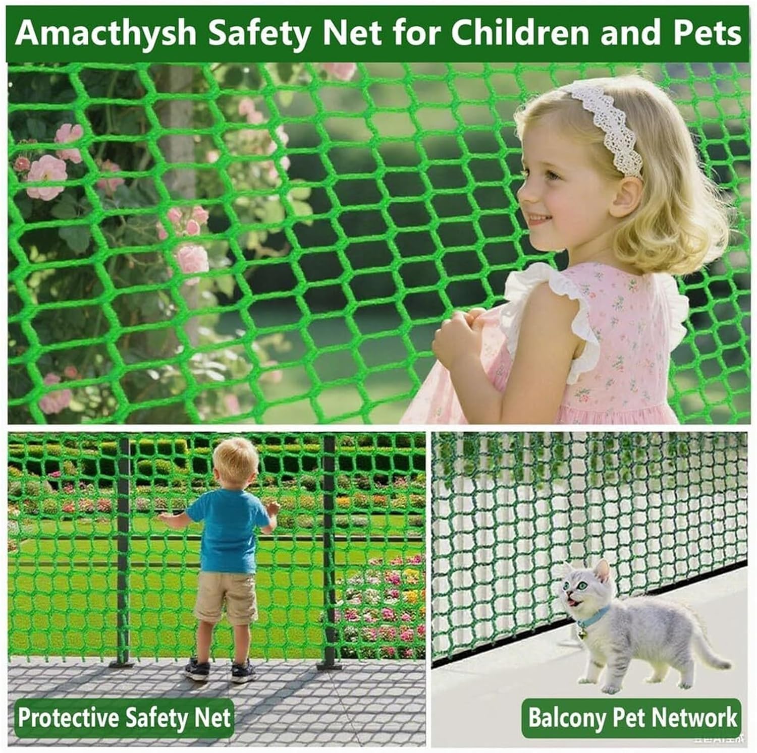 Netting Safety Rope Net for Kids Balcony Netting for Pets Stair Railings Protection Nets Playground Sports Nets Green(4 * 6m)
