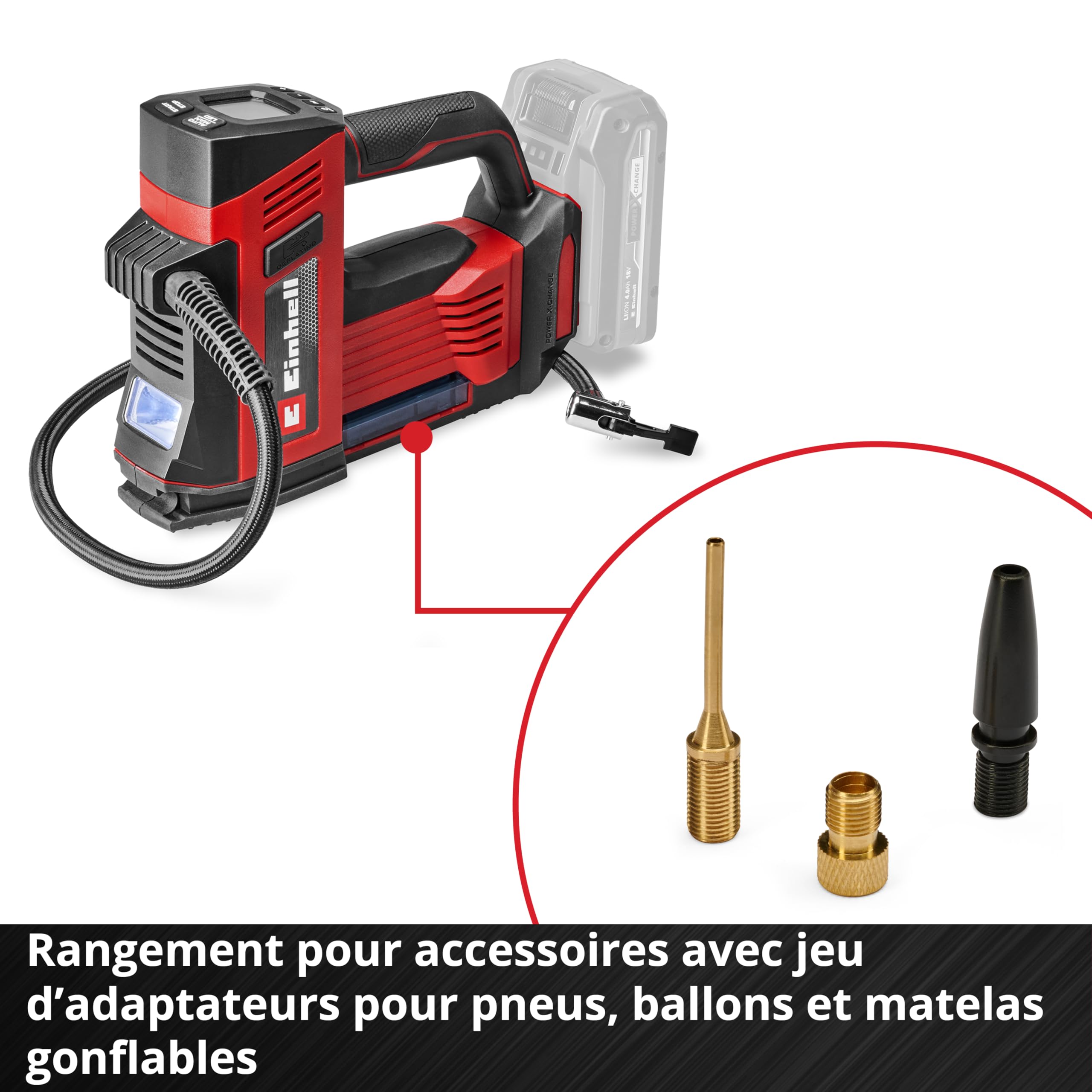 Compresseur sans fil Einhell CE-CC 18/23 D Li-Solo Power X-Change (18 V, 11 bars max, manomètre avec écran LCD, fonction d’arrêt automatique, sans batterie)