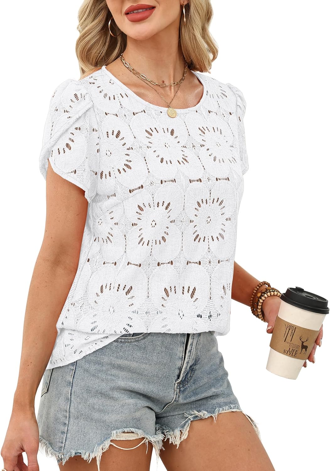 OFEEFAN Blouses for Women Dressy Casual Petal Short Sleeve Shirts Crochet Lace Boho Tops Spring Fashion Summer Outfits - Image 4