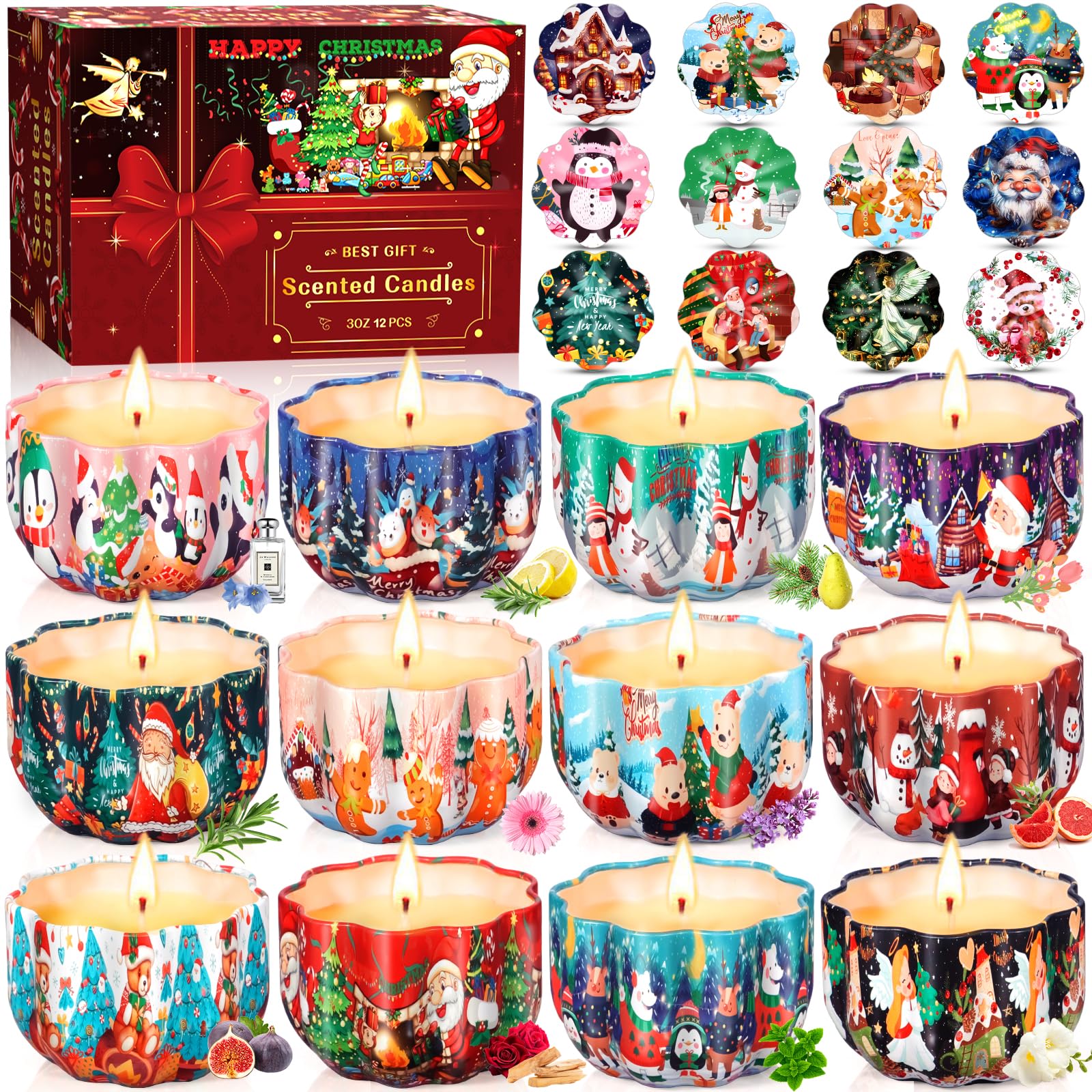 Vela Perfumadas,Velas Perfumadas Juego de 12 Piezas,Aromaterapia Velas de Regalo,Velas Aromática,Estaño de Viaje de Cera Natural de Soja Portátil,Juegos Velas Aromáticas de Regalo,para Navidad