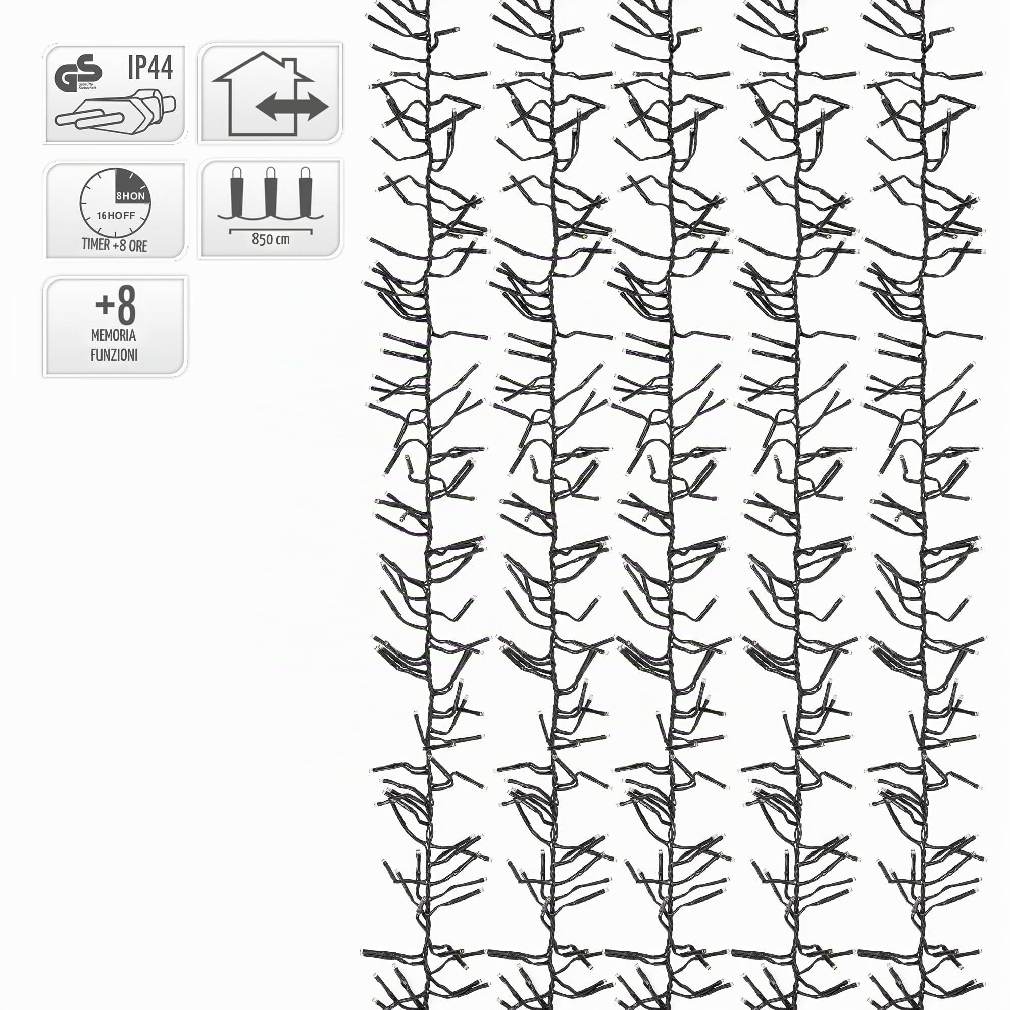 ECD Germany Catena Luminosa Grappolo 8,5m 1152 LED Bianco Caldo con Timer e 8 Modalità di Illuminazione Alimentazione a Rete IP44 Luci Cluster per Albero Natale Interno Esterno Lucine Decorative Patio