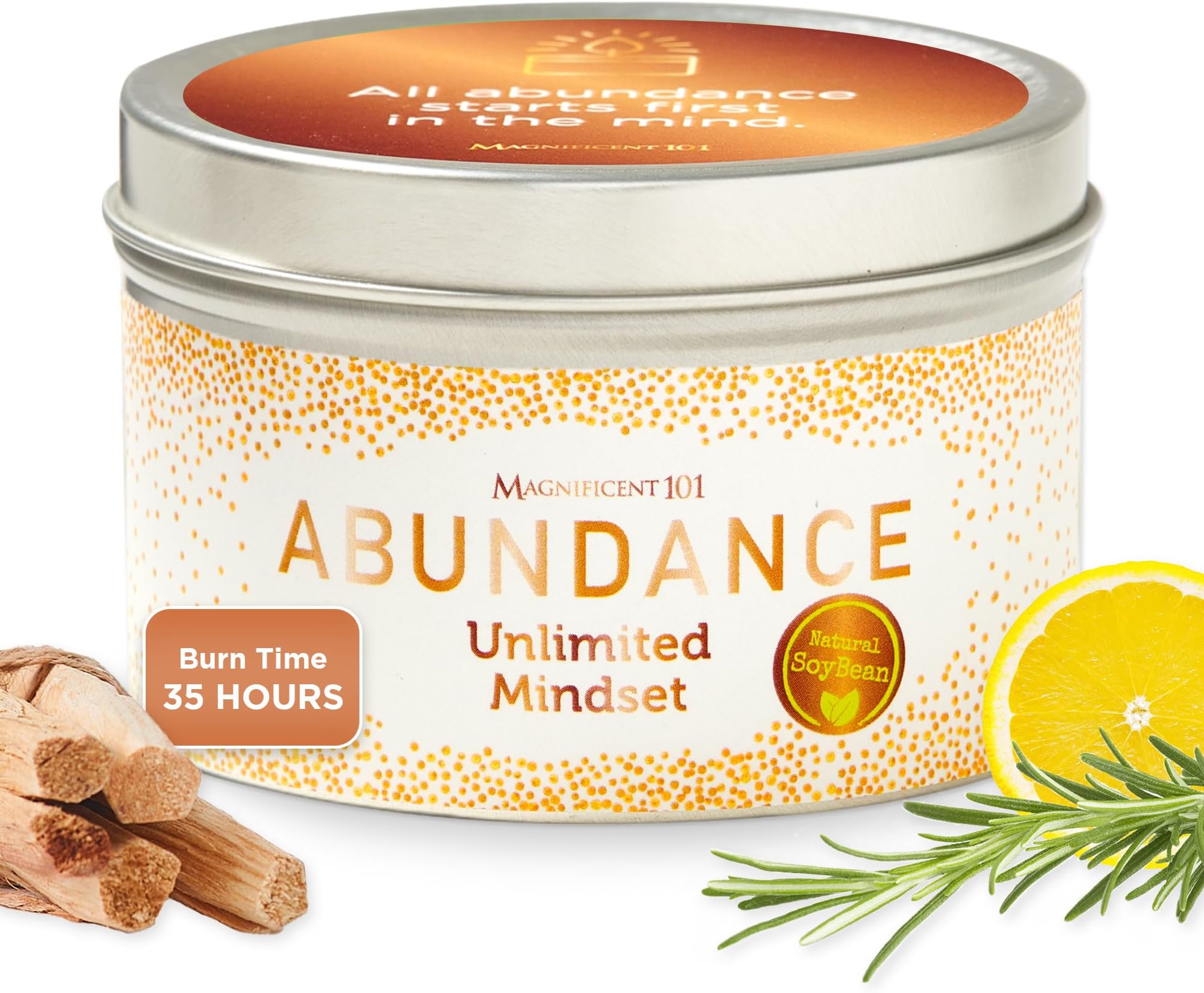 Magnificent 101 Long Lasting Abundance Smudge Candle | 6 Oz - 35 Hour Burn Time | All Natural Soy Wax Candle with Lemon, Rosemary & Sandalwood Essential Oils for House Energy Cleansing & Manifestation