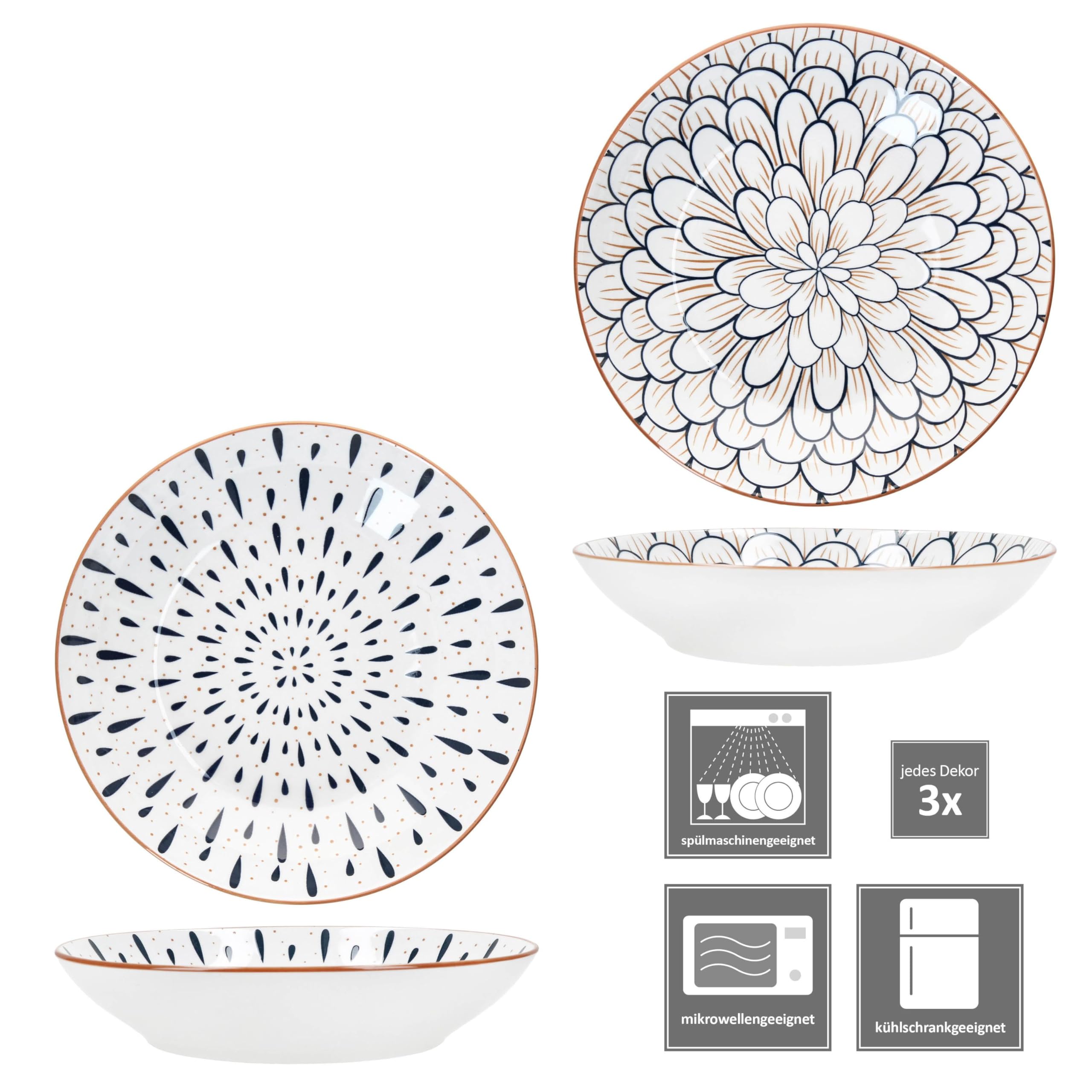MamboCat Totto Lot de 6 assiettes creuses - Diamètre : 20 cm - En grès - Avec motif fleurs et feuilles - Bleu foncé, blanc et bord marron - Assiettes creuses pour soupe, pâtes et bols