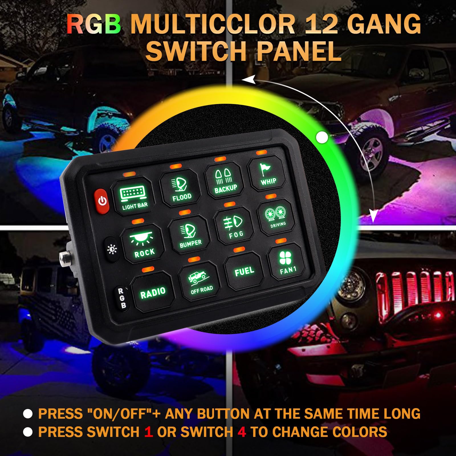 Chelhead Interruptor empotrable RGB de 12 grupos, circuito de control universal, sistema de relé de seguridad, arnés de cables para coche, camión, barco, ATV, UTV, SUV, multifuncional, 12-24 V | 12V 24V circuito de control universal sistema de relé arnés