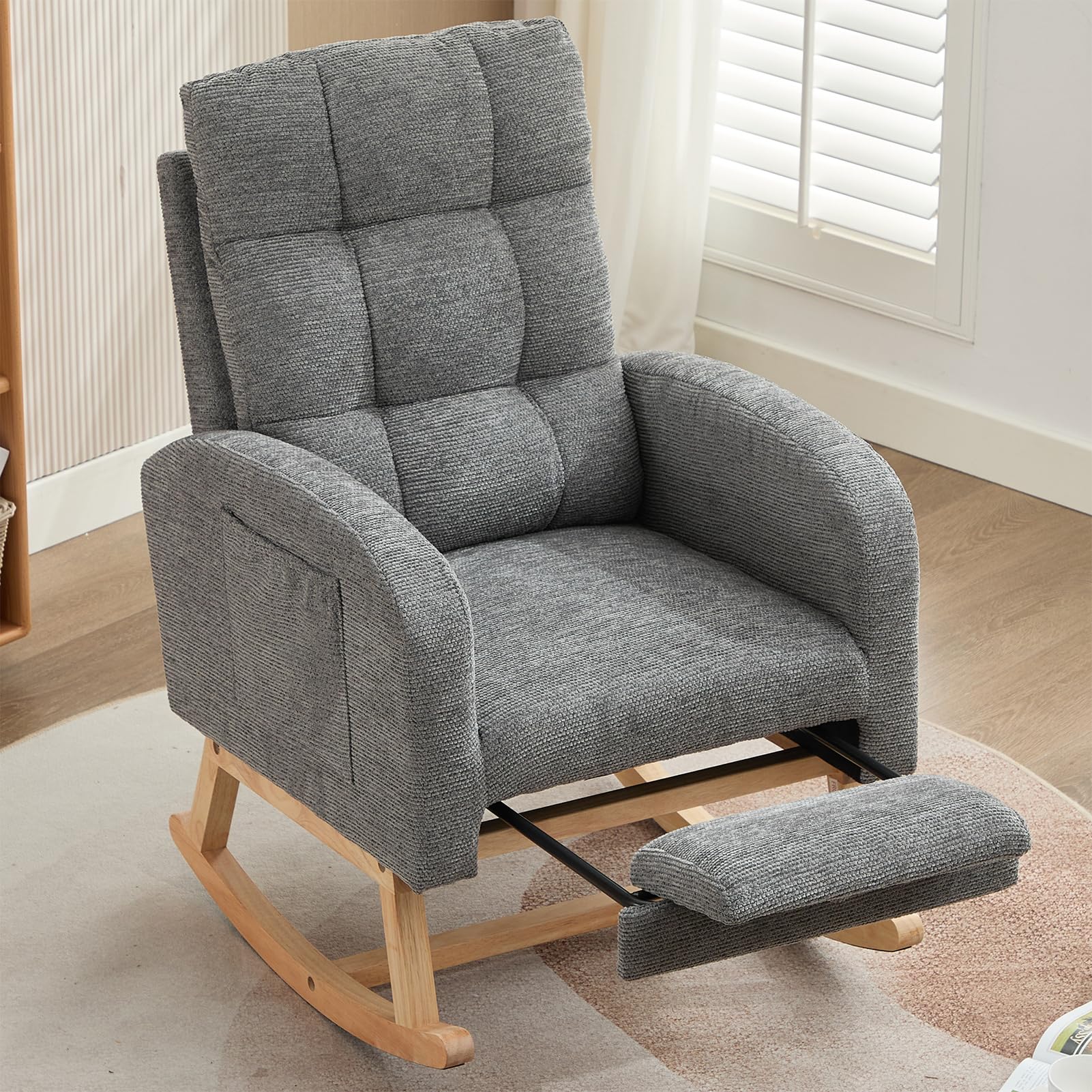 Grey Rocking Chair for Adults with Footrest, Lambswool Wooden Nursing Chairs with High Backrest Armrest and Large Side Pocket, Ergonomic Support for Nursery, Max Load 150kg, Living Room, Bedroom
