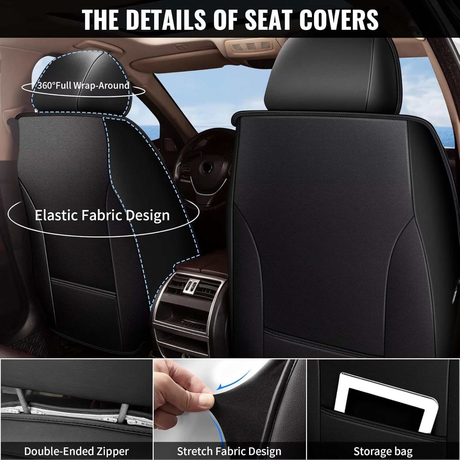 YORKNEIC Car Seat Covers Full Set for Nissan Titan 2009-2024 2025 2026: 5-Seat Set Faux Leather Seat Covers Waterproof Car Seat Protector (5-Seat Set, Black & Beige)