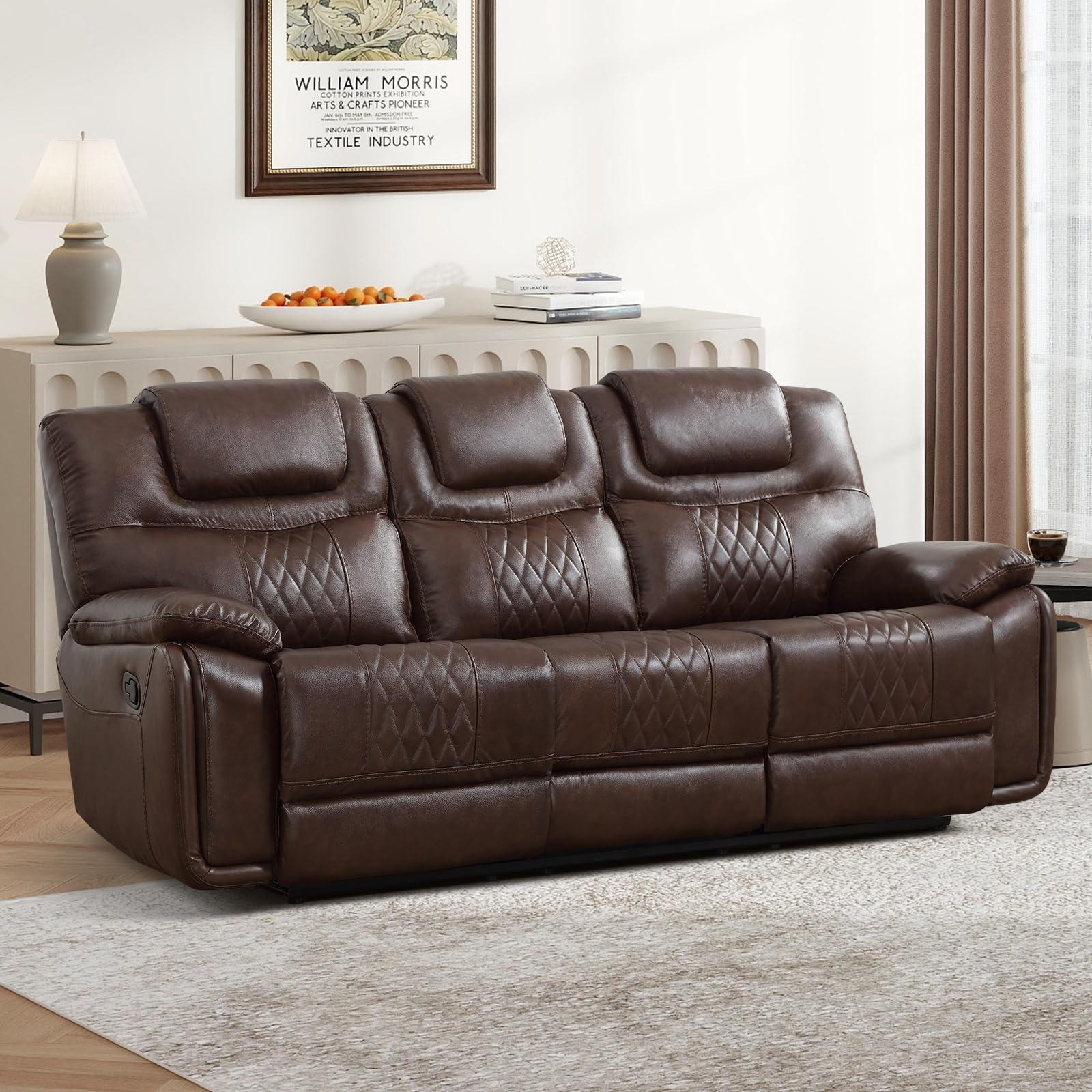 EBELLO Genuine Leather Manual Reclining Sofa, Overstuffed Armrest 3 Seat Recliner Sofa, Reclining Couch for Living Room, Meeting Room, Bedroom, Dark Brown (a little ripped see picture)