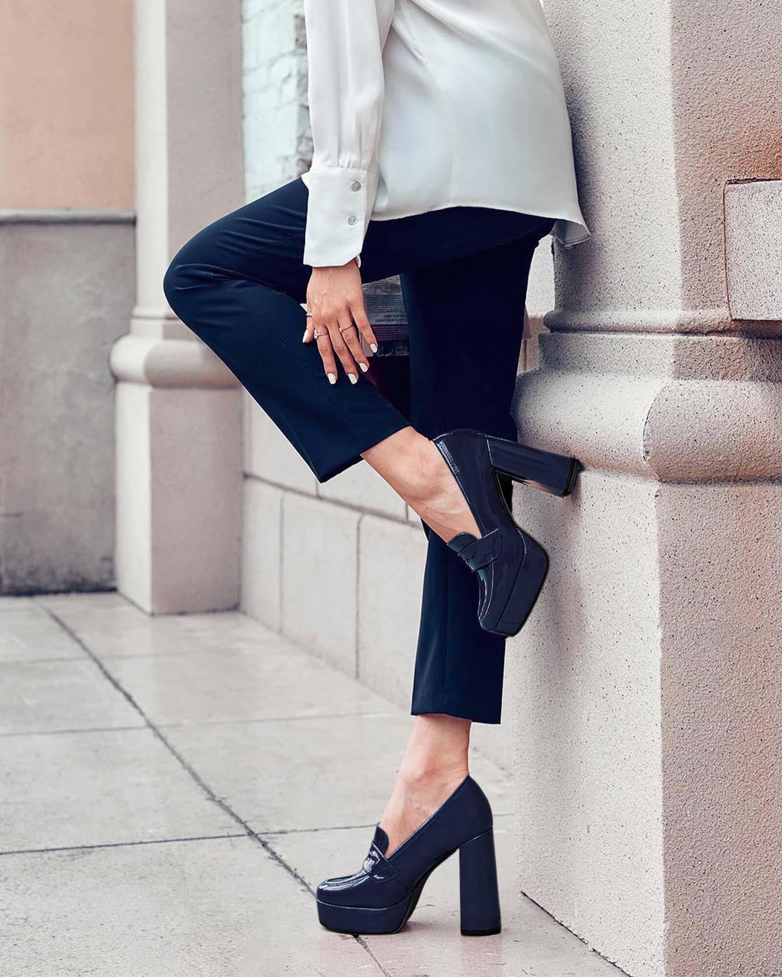 Womens Platform Heels Loafers Chunky High Heel Closed Toe Patent Leather Shoes Penny Loafer Business Dress Work Pumps: 8.5 Navy