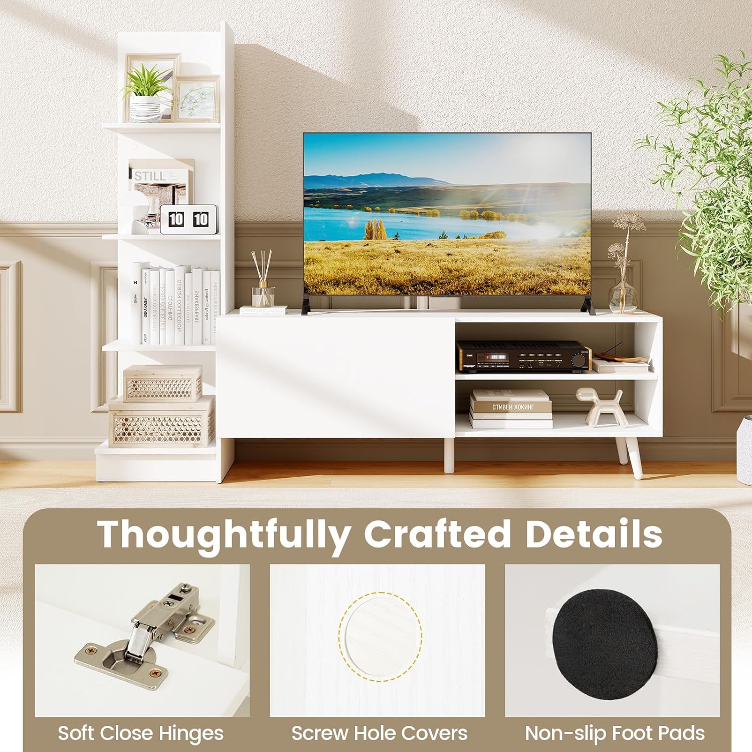 Tangkula White Bookshelf TV Stand for TVs up to 50'', Modern TV Cabinet Media Entertainment Center w/Bookshelf & 3-Position Adjustable Shelf, Television Console Table w/Metal Legs for Living Room