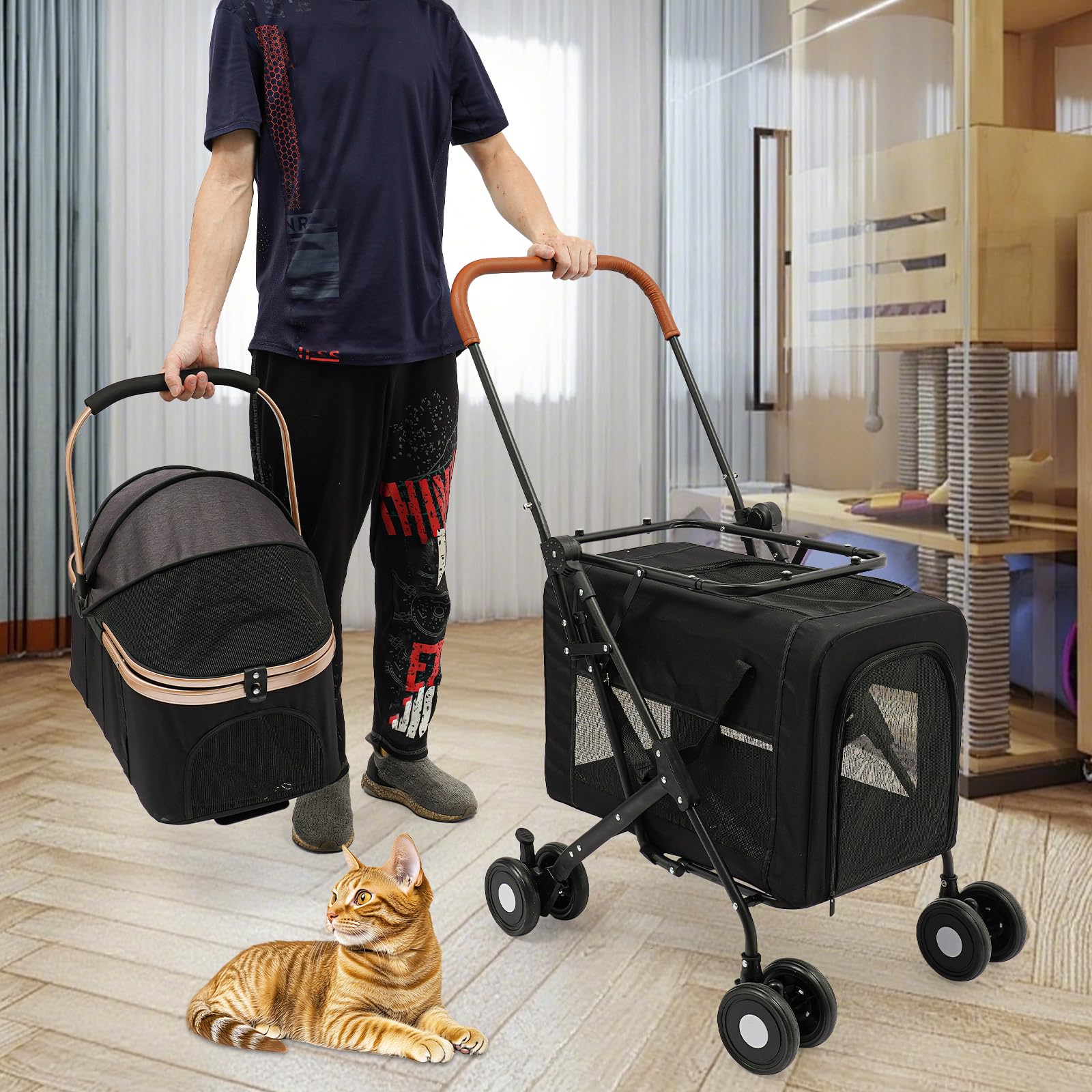 Cztery koła do cichej jazdy, ergonomiczny uchwyt do ciągnięcia i stabilna rama stalowa, dwupoziomowa konstrukcja, wózek dla psa, do 35 kg, składany wózek dla kotów, wózek dla psa, składany wózek dla