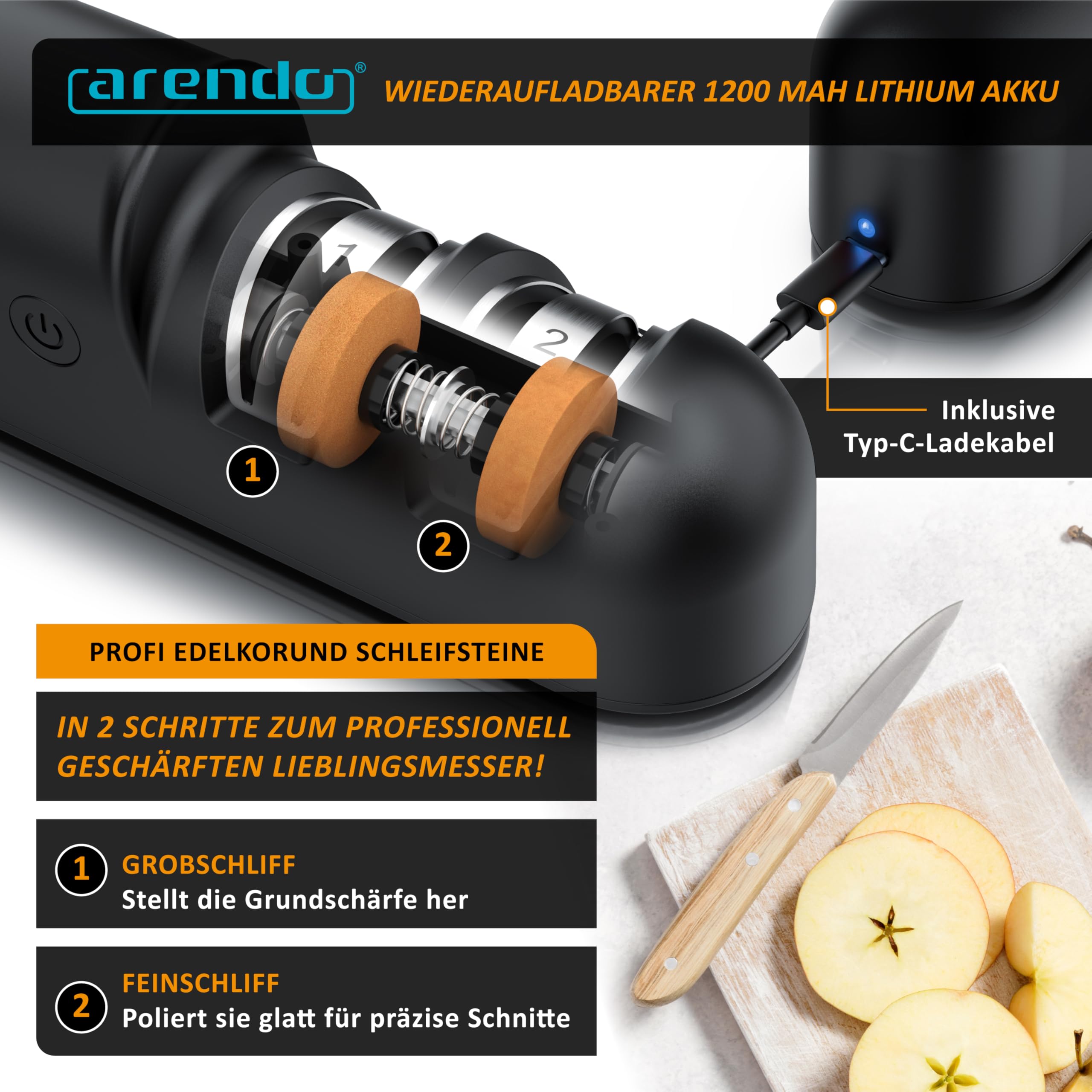 Arendo elektrischer Messerschärfer mit Griff, zweistufig, 2 Geschwindigkeitsstufen, 1200 mAh Akku, Edelkorund Schleifsteine