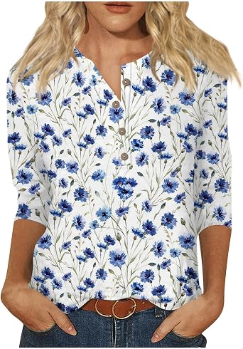 Womens 3/4 Length Sleeve Tops Casual Henley Summer Shirts Loose Fit Three Quarter Length Sleeve Blouses