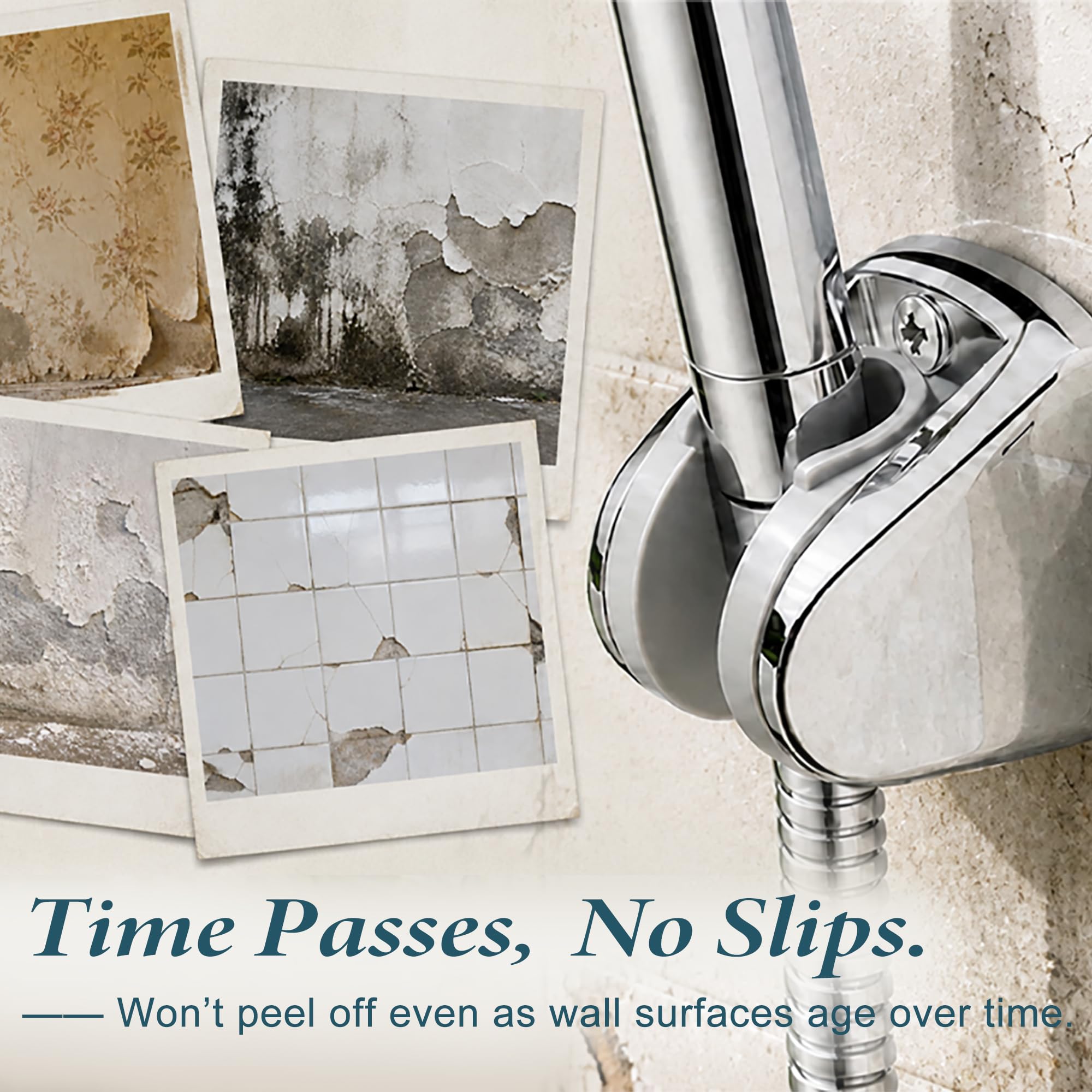 Yoo.MEE Soporte de ducha de pared para cabezal de ducha de mano, soporte de altura ajustable, gran ángulo ajustable para adaptarse a cualquier espacio de baño, cromado